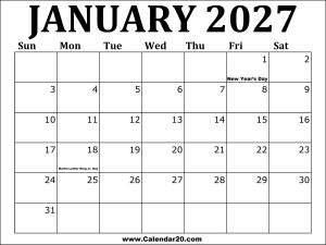 january free printable calendar 2027 2 - January 2027 Calendar Printable - Calendar20.com